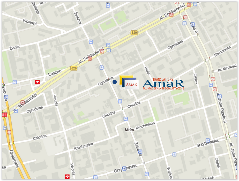 Mapa dojazdu do Biura Tłumaczeń AmaR TRANSLATIONS Ogrodowa 31 lok. 84 w Centrum Warszawy