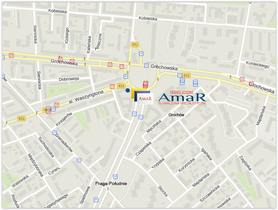 Mapa dojazdu do Biura Tłumaczeń AmaR TRANSLATIONS Al. Waszyngtona 146 lok.403 na Pradze w Warszawie
